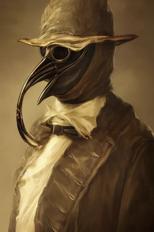 Image similar to A fancy portrait of a 1300's Plague Doctor with a beak mask by Greg Rutkowski, Sung Choi, Mitchell Mohrhauser, Maciej Kuciara, Johnson Ting, Maxim Verehin, Peter Konig, Bloodborne, 8k photorealistic, cinematic lighting, HD, high details, dramatic, dark atmosphere, trending on artstation