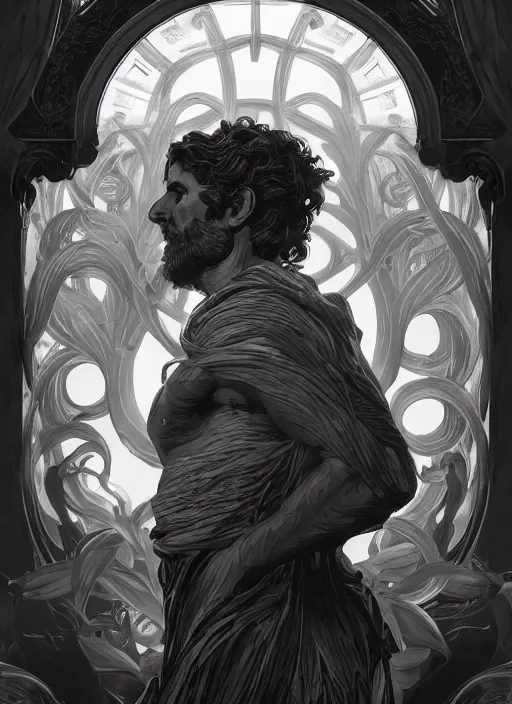 Image similar to the god hephaestus, gigachad, ash hair, glowing eyes, volumetric lights, black and white scheme, art nouveau botanicals, gothic, intricate, highly detailed, digital painting, artstation, concept art, smooth, sharp focus, symmetric face, illustration, art by artgerm and greg rutkowski and alphonse mucha