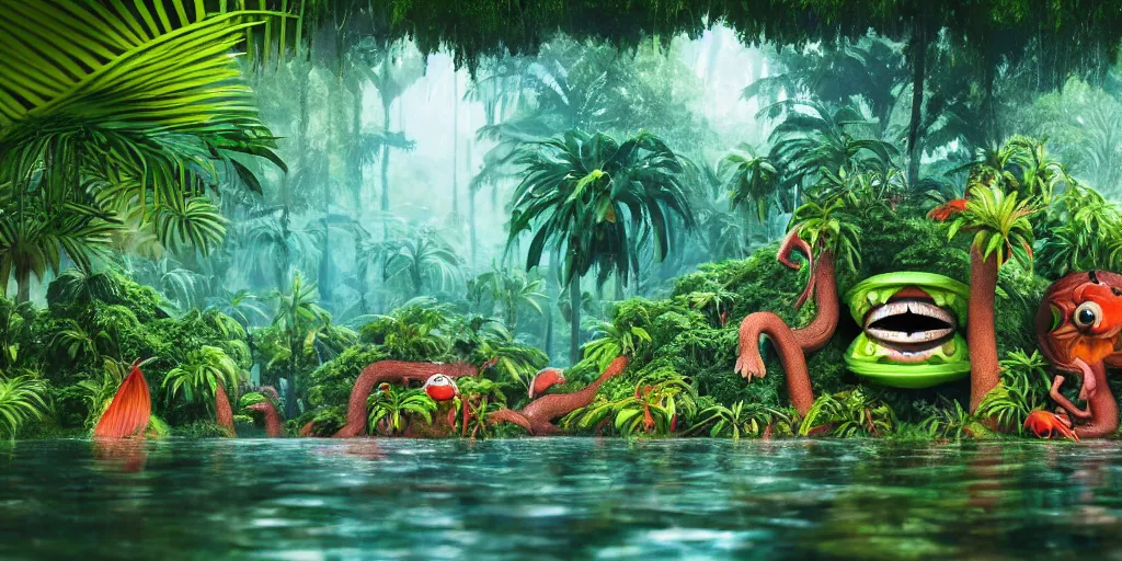 Image similar to of a tropical rainforest lake with strange cute friendly happy creatures with huge eyes, mouth, long tongue, round teeth and goofy face, appearing from the water, in the style of gehry and gaudi, macro lens, shallow depth of field, ultra detailed, digital painting, trending artstation, concept art, illustration, cinematic lighting, photorealism, epic, octane render