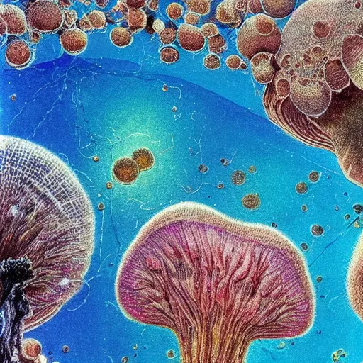 Image similar to beautiful and artistic mycelium on a fantastic planet and unusual inhabitants of the oceans, highly detailed