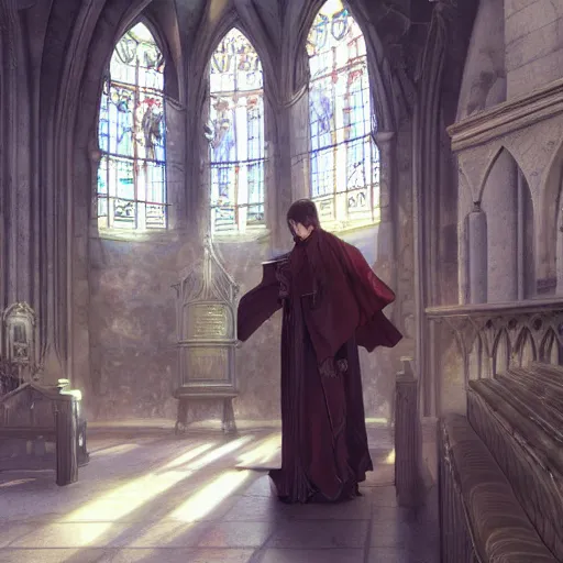 Image similar to angel protecting man who is praying inside a gothic church by Stanley Artgerm Lau, WLOP, Rossdraws, James Jean, Andrei Riabovitchev, Marc Simonetti, Yoshitaka Amano, ArtStation, CGSociety