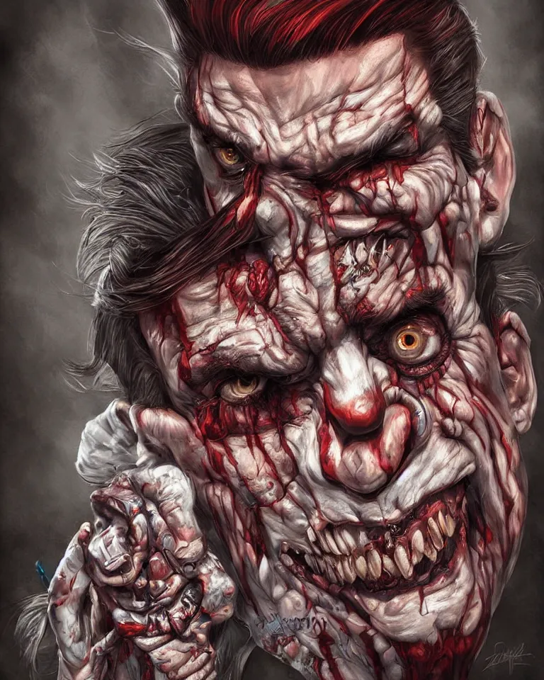 Prompt: a realistic digital painting portrait of bolsonaro as a zombie clown by artgerm