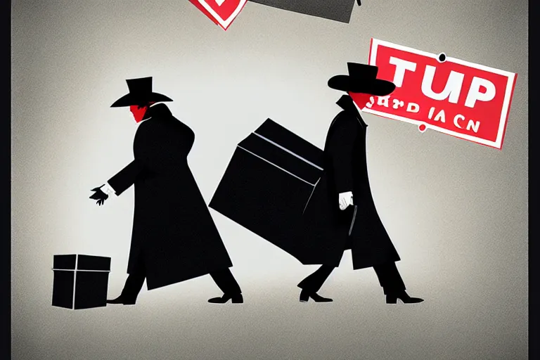 Image similar to poster matte shaded illustration of two donald trumps wearing trench coats and big floppy black spy hats carrying boxes, starring in spy vs spy