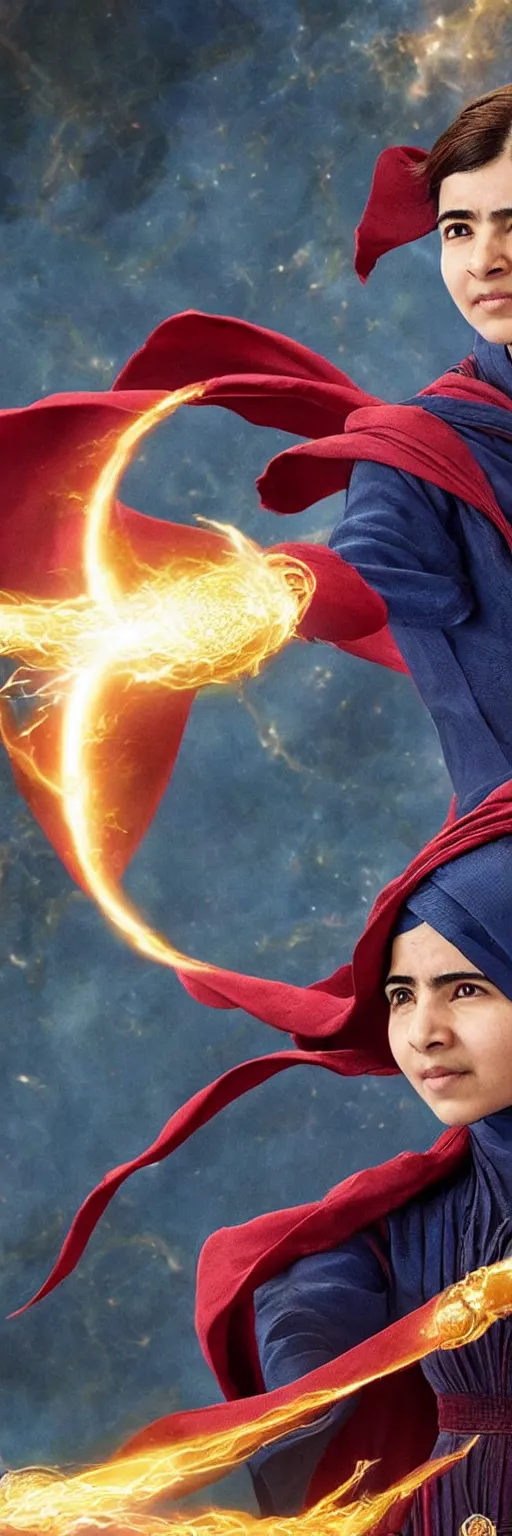 Prompt: Malala Yousafzai as Doctor Strange, film still from the movie Doctor Strange