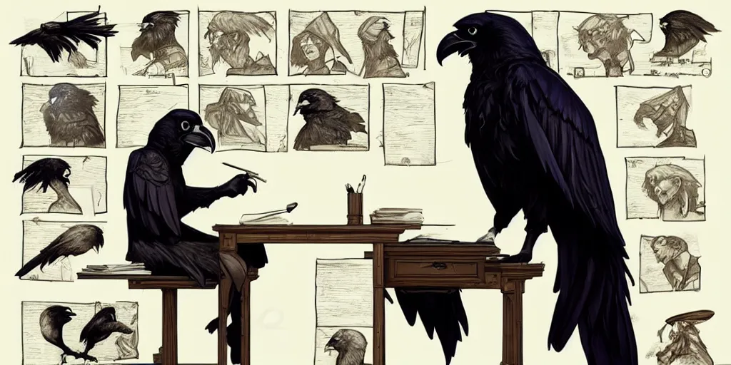 Image similar to a scholarly raven is seen writing at his desk. character sheet, character design, contrast, deep focus, turnaround, highly detailed, dramatic lighting, digital painting, artstation, concept art, matte, sharp focus, illustration, elegant, art by artgerm and greg f and alphonse mucha.