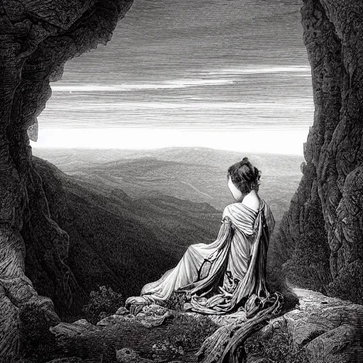 Image similar to A female wanderer looks from a mountaintop, mountains, gorgeous view, velly distant forest, distant city, distant glow, night, moon, dramatic light, Chiaroscuro, long shadows, dark, masterpiece, high detail, detailed, illustration by Paul Gustave Doré