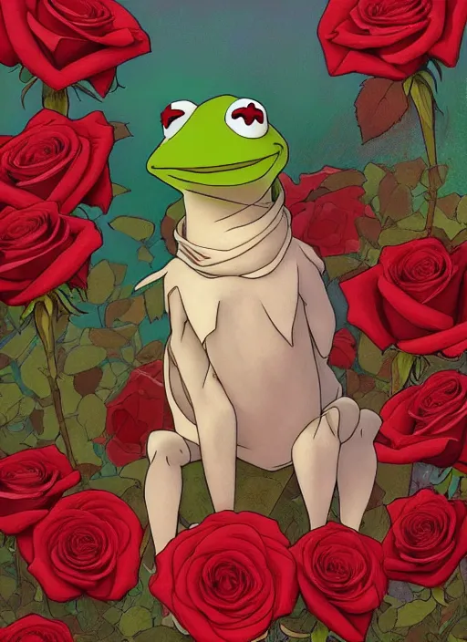 Image similar to kermit posing on a bed colorful red roses, path traced, highly detailed, high quality, digital painting, by studio ghibli and alphonse mucha, leesha hannigan, makoto shinkai, disney