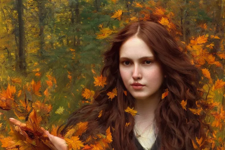 Prompt: how i wish i could see the autumn, when the leaves start to turn to the color of your hair, oil on canvas, close up portrait of a beautiful woman with long wavy hair, autumn leaves colored, in a forest in autumn, by jeremy lipking, john singer sargent