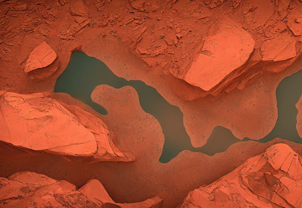 Prompt: a river bend running through a canyon surrounded by desert mountains at sunset on mars, planet mars, moab, utah, a tilt shift photo by frederic church, trending on unsplash, hudson river school, 3 5 mm photo, photo taken with provia, national geographic photo