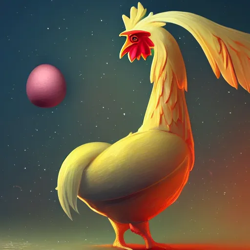 Image similar to unhatched eggs sat on by a cosmic chicken, digital art, trending on artstation