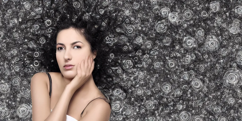 Prompt: a toroid energetic field surrounding a beautiful Mexican woman with black and grey slightly curly hair, black eyes, beautiful face