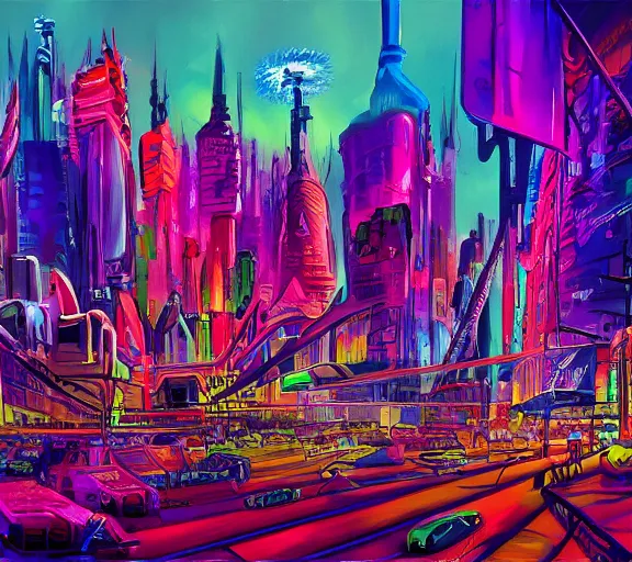 Image similar to surreal colorful nightmarish cityscape, 4k artwork by Ralph Bakshi