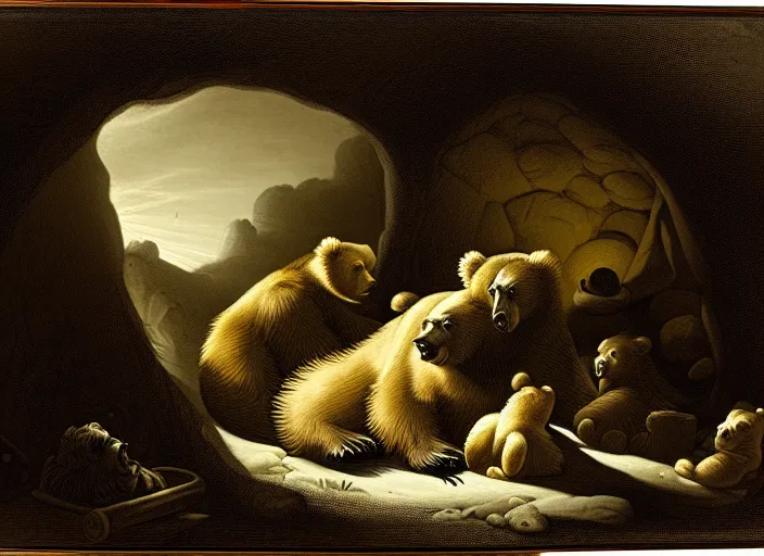 Image similar to Pieter Claesz's 'bear and her cubs sleeping in a dark cave lit by campfire', night time, cross hatching, framed