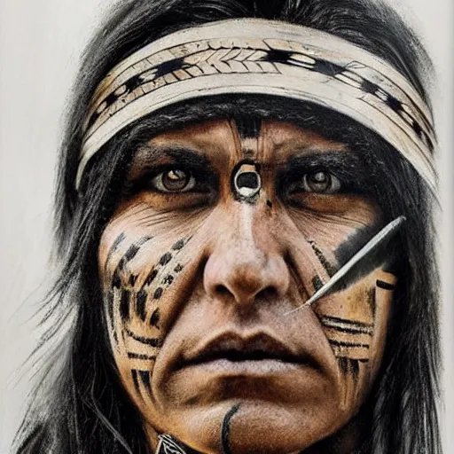 Image similar to A Native American warrior, war paint, realistic, concept art, sharp focus, 8k high definition, insanely detailed, intricate, elegant, art by Guy Denning