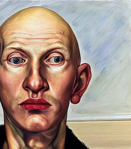 Image similar to a high quality, high detail, portrait of an attractive non - binary bald person by lucian freud