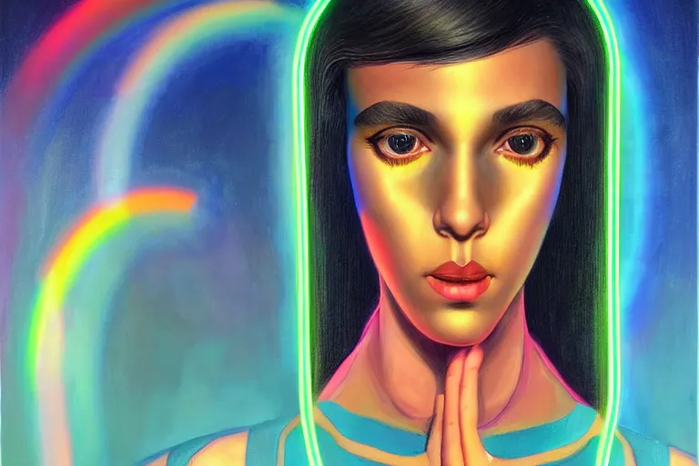 Image similar to patron saint of 🛸🌈👩🏾, futuristic clothing, neon god of city character portrait, in the style of margaret keane, moebius, tom bagshaw, and waterhouse, cinematic lighting, beautiful, elegant, oil painting,