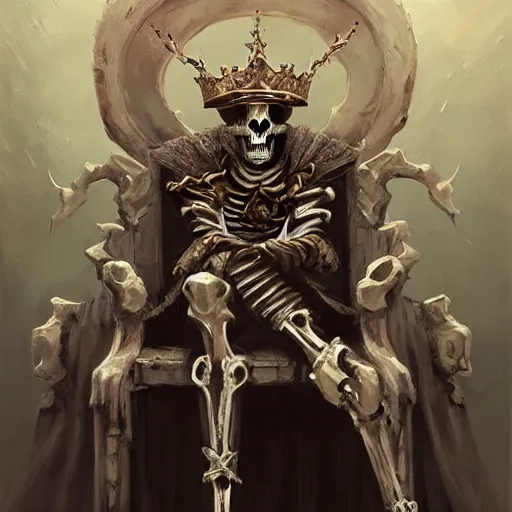 Image similar to Skeleton King wearing noble clothes, resting on his throne, crown, oil painting, by Fernanda Suarez and Greg Rutkowski