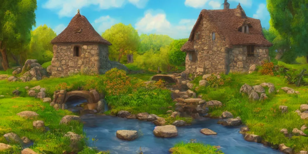 Image similar to a serene landscape with a small medieval stone house near a river in the style of Pixar, anime style, low saturation, high quality, highly detailed, 4k, complementary colours, cartoon