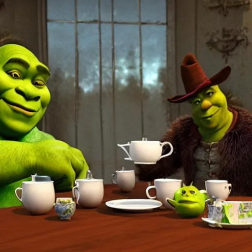 Prompt: Shrek having tea with Heisenberg, candid photo