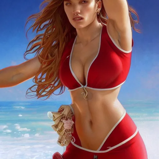 Image similar to ultra realistic illustration, bella thorne in baywatch, intricate, elegant, highly detailed, digital painting, artstation, concept art, smooth, sharp focus, illustration, art by artgerm and greg rutkowski and alphonse mucha