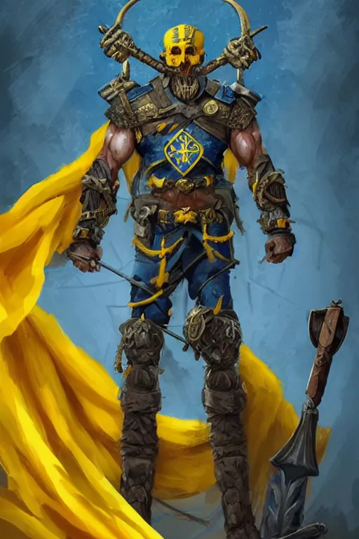 Image similar to a distant shot of a Ukrainian super soldier with blue and yellow flag behind him and a trident symbol on the chest standing alone on a huge pile of skulls posing as a winner, masculine muscular figure, D&D, fantasy, intricate, elegant, highly detailed, extremely detailed, digital painting, artstation, concept art, matte, smooth, sharp focus, illustration, art by Artgerm and Greg Rutkowski and Alphonse Mucha