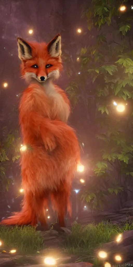 Image similar to The lovely hairy fox, wearing the uniform of the magic school, is surrounded by a huge luminous magic array, fluffy, photorealistic, soft lighting, unreal engine