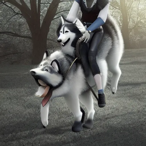 Image similar to girl riding a giant husky in the park, trending on artstation