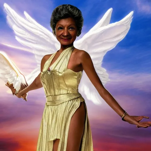 Image similar to nichelle nichols as a heavenly angel in cloud heaven photorealistic fantasy epic