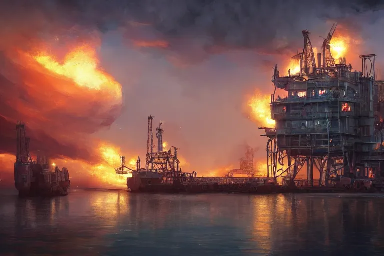 Prompt: a highly detailed matte painting of a soviet steampunk oil rig on fire at night by studio ghibli, makoto shinkai, by artgerm, by wlop, by greg rutkowski, volumetric lighting, octane render, 4 k resolution, trending on artstation, masterpiece
