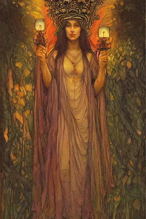 Image similar to queen of the forest with her lantern, by Annie Swynnerton and Nicholas Roerich and jean delville, dramatic cinematic lighting , ornate headdress , flowing robes, lost civilizations, extremely detailed