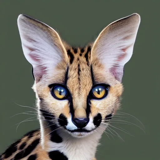 Image similar to beautiful photo of a serval with exotic black markings and blue eyes, 4 k, studio lighting, global illumination, detailed, front page of art station