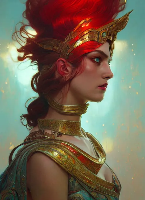 Image similar to the goddess hera looking angry, paper armour, volumetric lights, red and cyan theme, dystopian, intricate, elegant, highly detailed, digital painting, artstation, concept art, smooth, sharp focus, symmetric face, illustration, art by artgerm and greg rutkowski and alphonse mucha