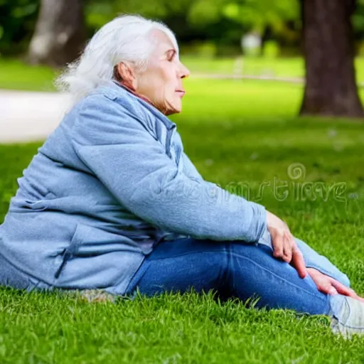 Prompt: an older woman sitting in a park wearing a thin translucent oxygen line under her nose, 4 k, stock photo