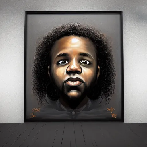 Image similar to painting of a tiny black man with long curly hair seated on a gigantic speaker, dramatic, album cover concept art, realistic, detailed, framed