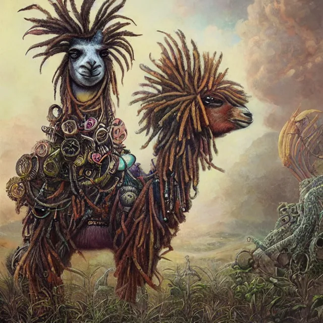 Image similar to llama with dreadlocks, by mandy jurgens, ernst haeckel, james jean. in the style of industrial scifi