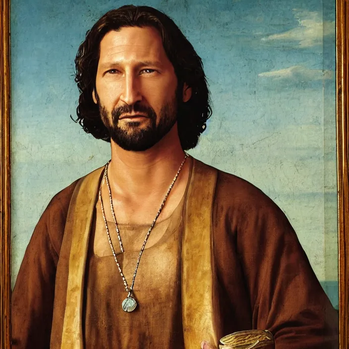 Prompt: desmond from tv show lost, henry ian cusick, early netherlandish painting