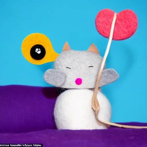 Image similar to a cute cat made of felt and linnin with googly eyes is sneaking up on a mouse made out of a sock, in a kids room on saturday morning