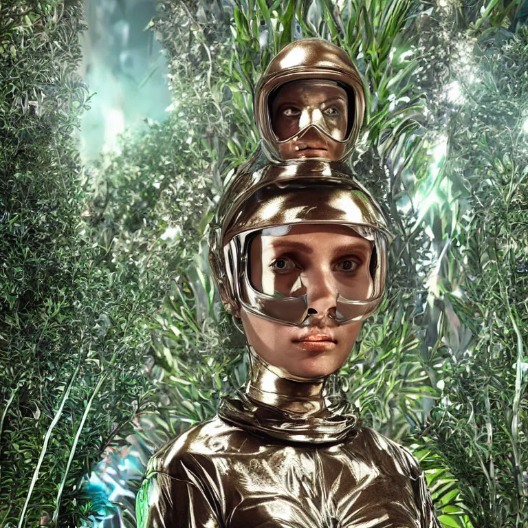 Image similar to octane render portrait by wayne barlow and carlo crivelli and glenn fabry, subject a cyborg woman covered in tie - dye skintight aluminum foil space suit with a iridescent metallic space helmet, surrounded by alien plants, cinema 4 d, ray traced lighting, very short depth of field, bokeh