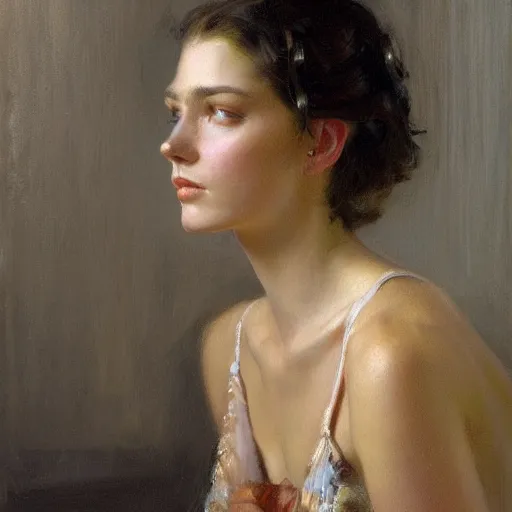 Prompt: a high fashion studio stunning backlit portrait of frowning french girl, painting by gaston bussiere, craig mullins, j. c. leyendecker