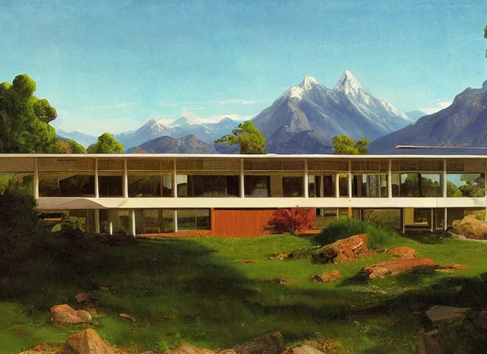 Prompt: painting of a richard neutra house in front of beautiful mountains by thomas cole