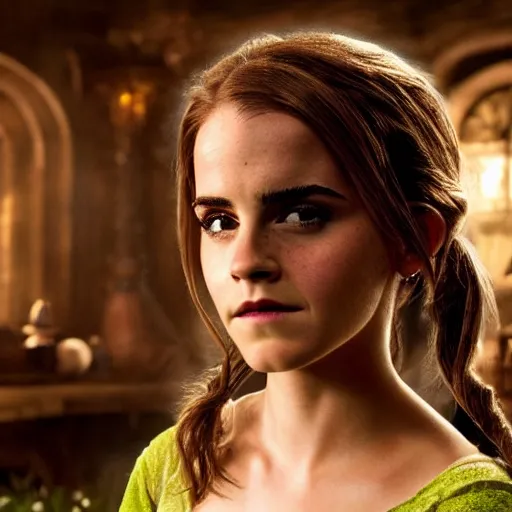 Prompt: emma watson as shrek, live action movie poster, cinematic, dramatic pose, trending