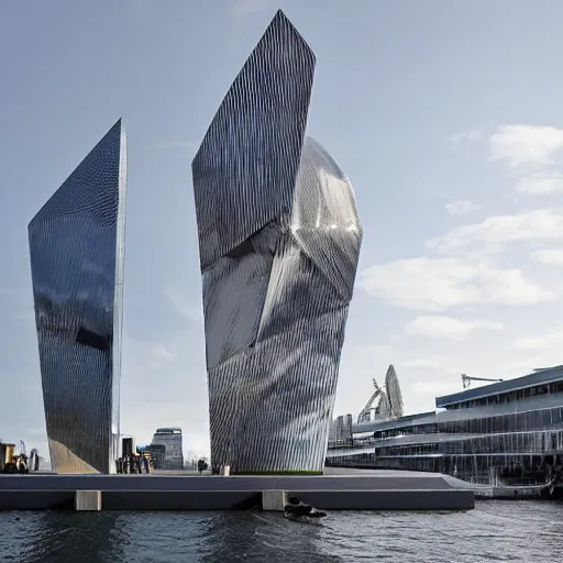 Image similar to a incredible cutting edge new building on the London waterfront designed by bjarke ingels, with a giant modern stainless steel sculpture in front of it at monumental scale, photo by Annie Leibovitz