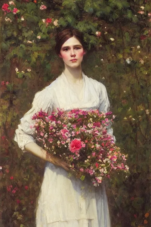 Image similar to Richard Schmid and Jeremy Lipking full length portrait painting of a young beautiful edwardian girl hold a large bouquet of flowers