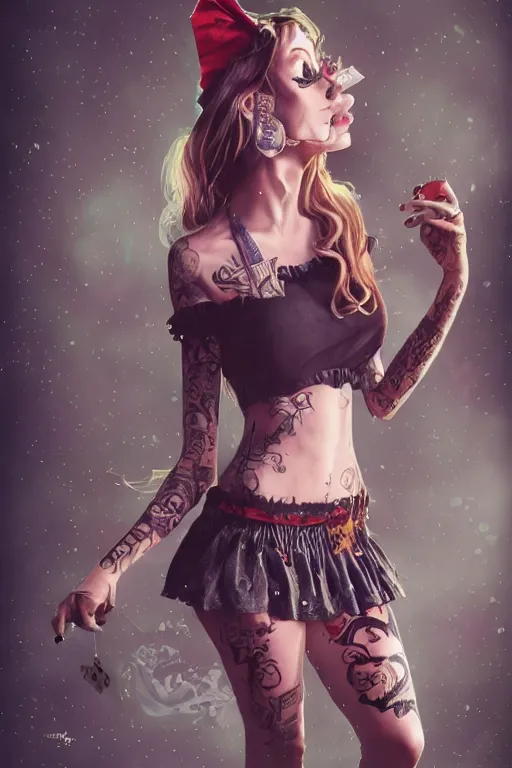 Image similar to Beautiful female, full body, Alice in wonderland, punk rock, piercings, tattoos, skirt, midriff, dramatic lighting, cinematic, establishing shot, extremely high detail, foto realistic, cinematic lighting, post processed, concept art, high details, cinematic, 8k resolution, beautiful detailed, photorealistic, digital painting, artstation, concept art, smooth, sharp focus, artstation trending, octane render, unreal engine