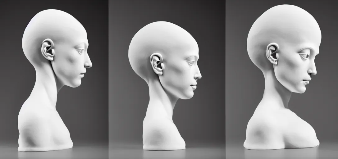 Image similar to symmetry!! full head, shoulders and bust, beautiful female porcelain sphinx body sculpture by daniel arsham and raoul marks, intricate, elegant, highly detailed, digital painting, artstation, concept art, smooth, sharp focus, all white features on a white background, delicate facial features, golden ratio composition,