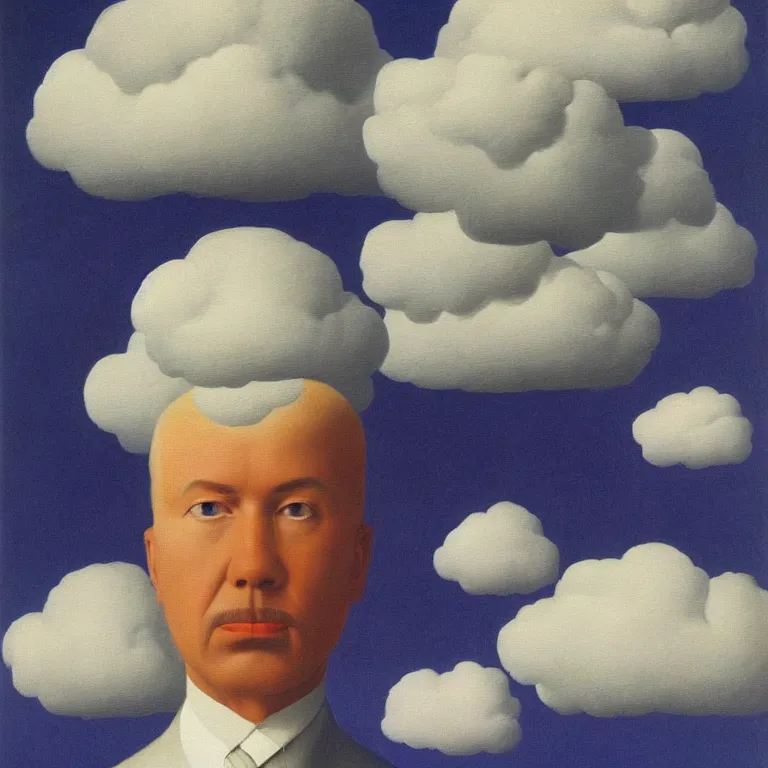 Prompt: portrait of a cloud head man by rene magritte, detailed painting, hd, hq, high resolution, high detail, 4 k, 8 k