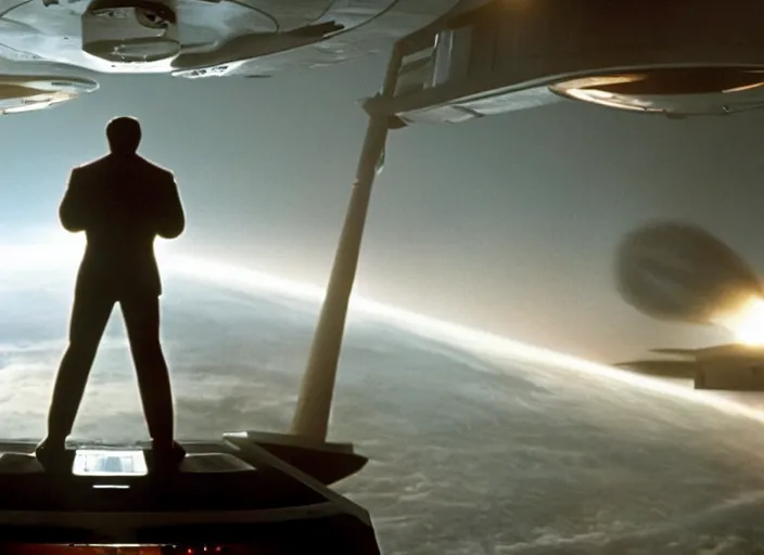 Image similar to captain elon musk of the uss enterprise, star trek, movie still, high quality, heroic, epic lighting, cinema, cinematography, directed by michael bay