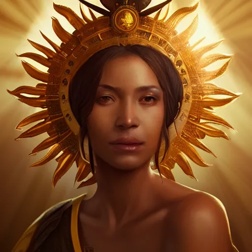 Prompt: a beautiful portrait of a sun goddess with a golden crown, sunlight beams, god rays, volumetric lighting, detailed, greg rutkowski, 8 k