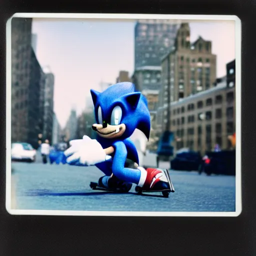 Prompt: polaroid image of sonic the hedgehog skating in new york city