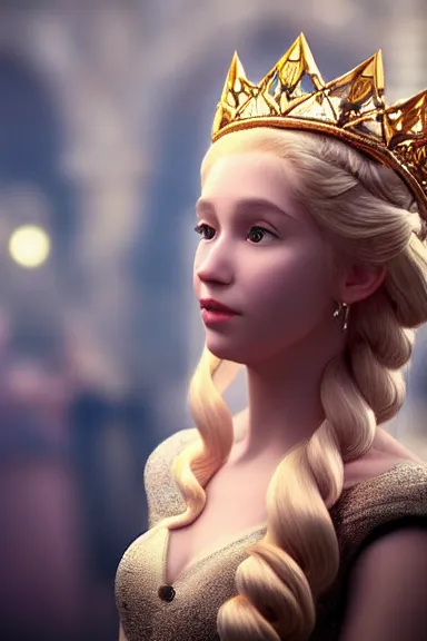 Prompt: very very intricate photorealistic photo of a realistic human version of princess peach wearing her crown in an episode of game of thrones, photo is in focus with detailed atmospheric lighting, award - winning details